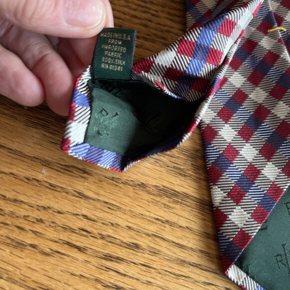 Lauren Ralph Lauren 57” Necktie 100% Silk Red Blue Cream Plaid Designer Tie - Picture 5 of 7